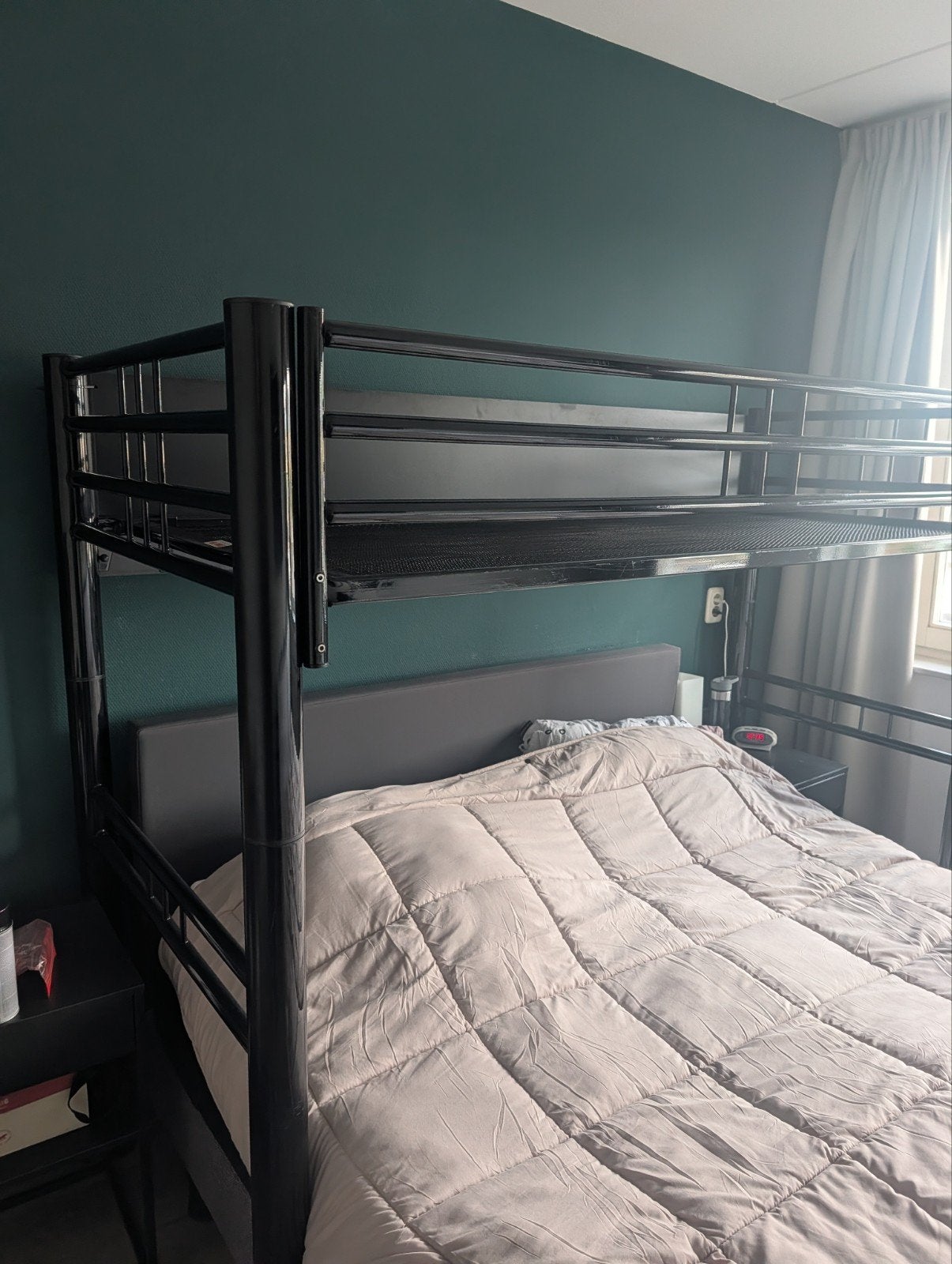 Zwarte metalen hoogslaper 90x200, met boxspring optie, Ophalen, Eenpersoons, Zo goed als nieuw, 200 cm