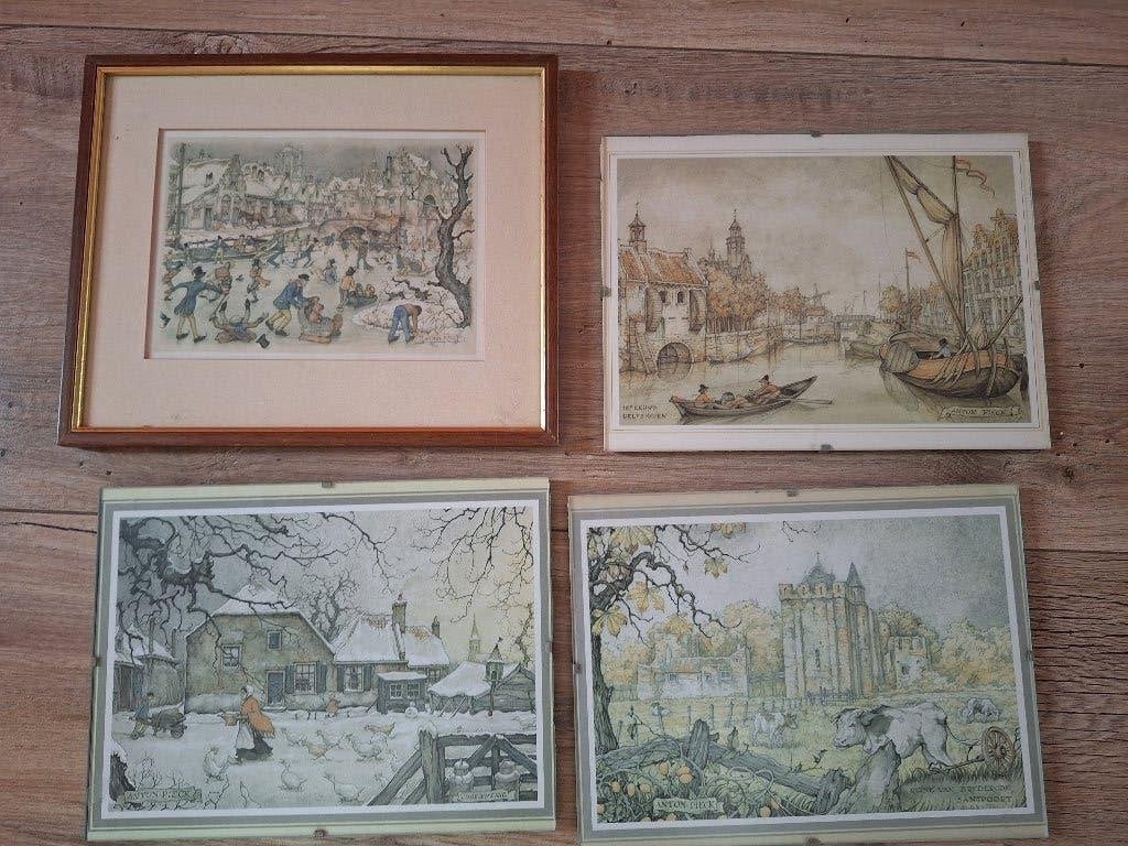 4 schilderijtjes van Anton Pieck, Ophalen of Verzenden, Minder dan 50 cm, Schilderij