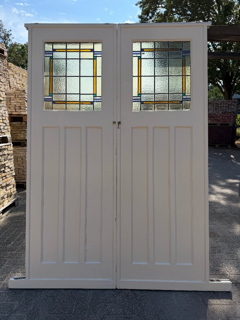 Set schuif / en-suite deuren met glas in lood 214x145cm., Antiek en Kunst, Curiosa en Brocante, Ophalen