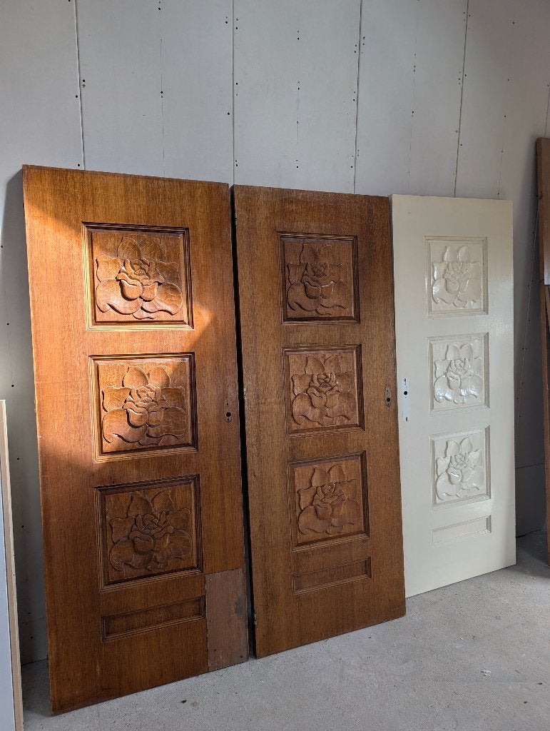 Vintage paneel deuren (massief hout) bloem motief, 3 stuks, Doe-het-zelf en Verbouw, Ophalen, Gebruikt, 120 cm of meer, Binnendeur