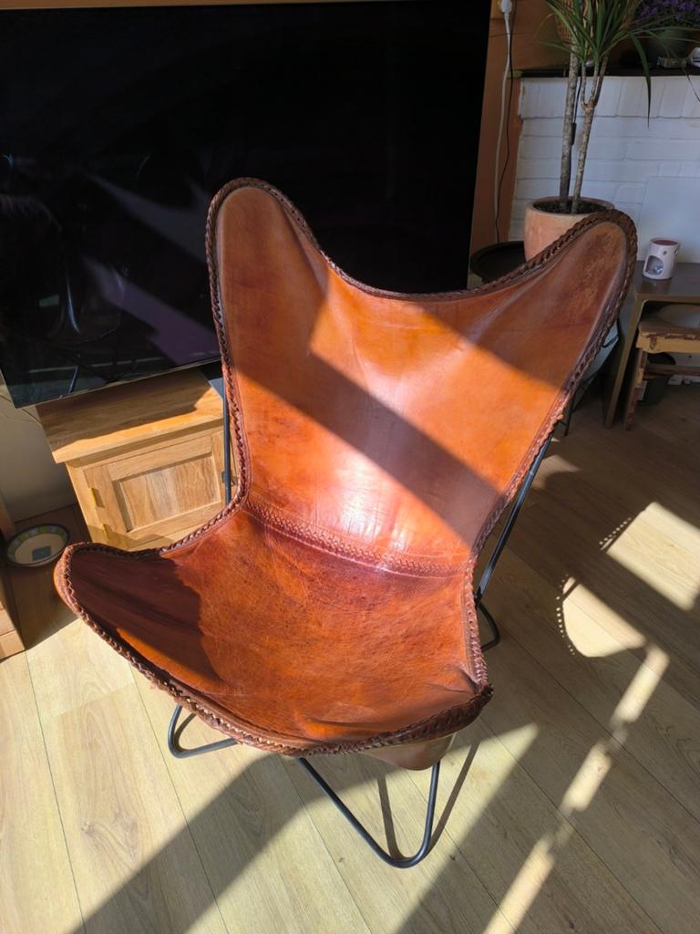 Leren Vlinderstoel - Cognac Bruin, Huis en Inrichting, Ophalen, Gebruikt, Bruin, Vintage, Industrieel, Modern
