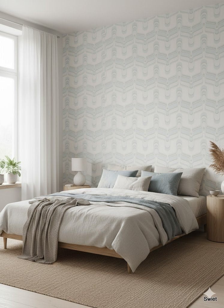 14273 wit ijsblauw vintage behang met zachte vormen swiet , Ophalen of Verzenden, Beige