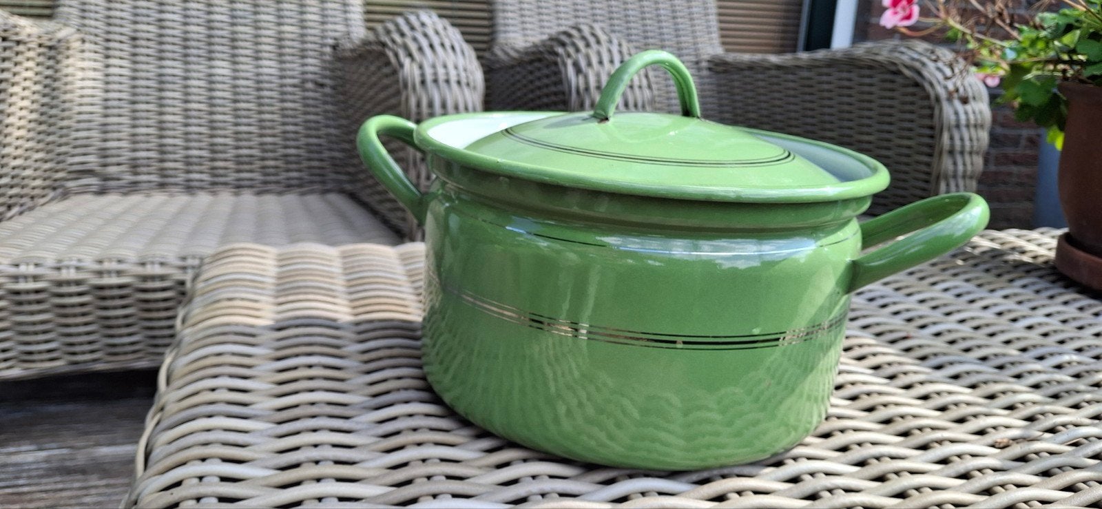 Set van 2 Vintage Groene Emaille Pannen met Deksel, Antiek en Kunst, Ophalen