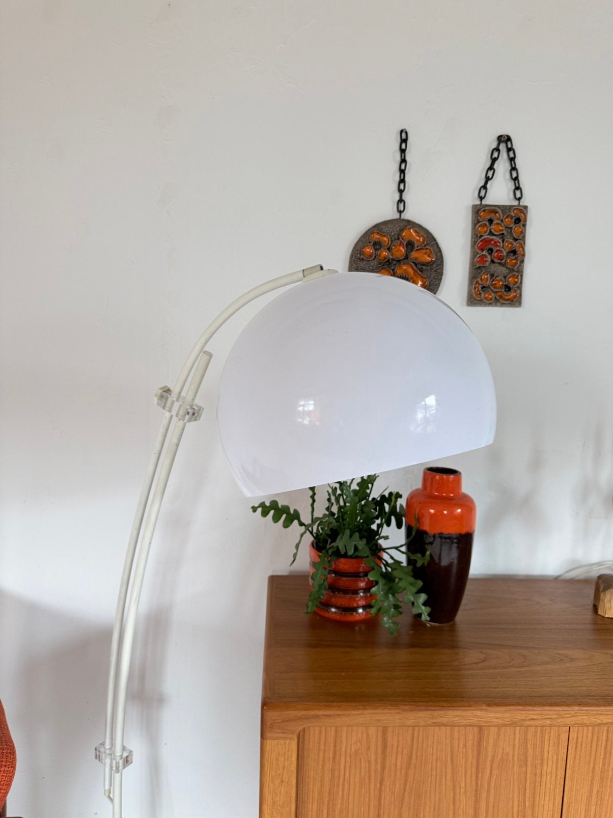 Vintage verstelbare booglamp, Solken Leuchten ‘70, Solken Leuchten, Kunststof, Vintage retro buisframe design rotan webbing papercord deens