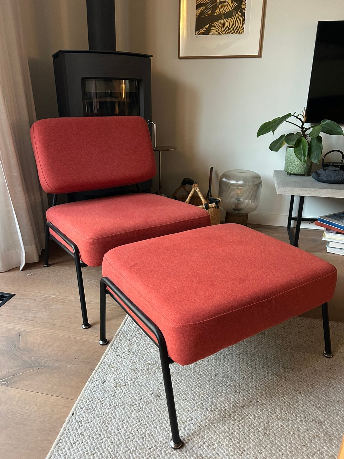 MADE Terracotta rode stoel ‘chaise longue’ met losse poef, Ophalen, Gebruikt, Eenpersoons, Minder dan 75 cm