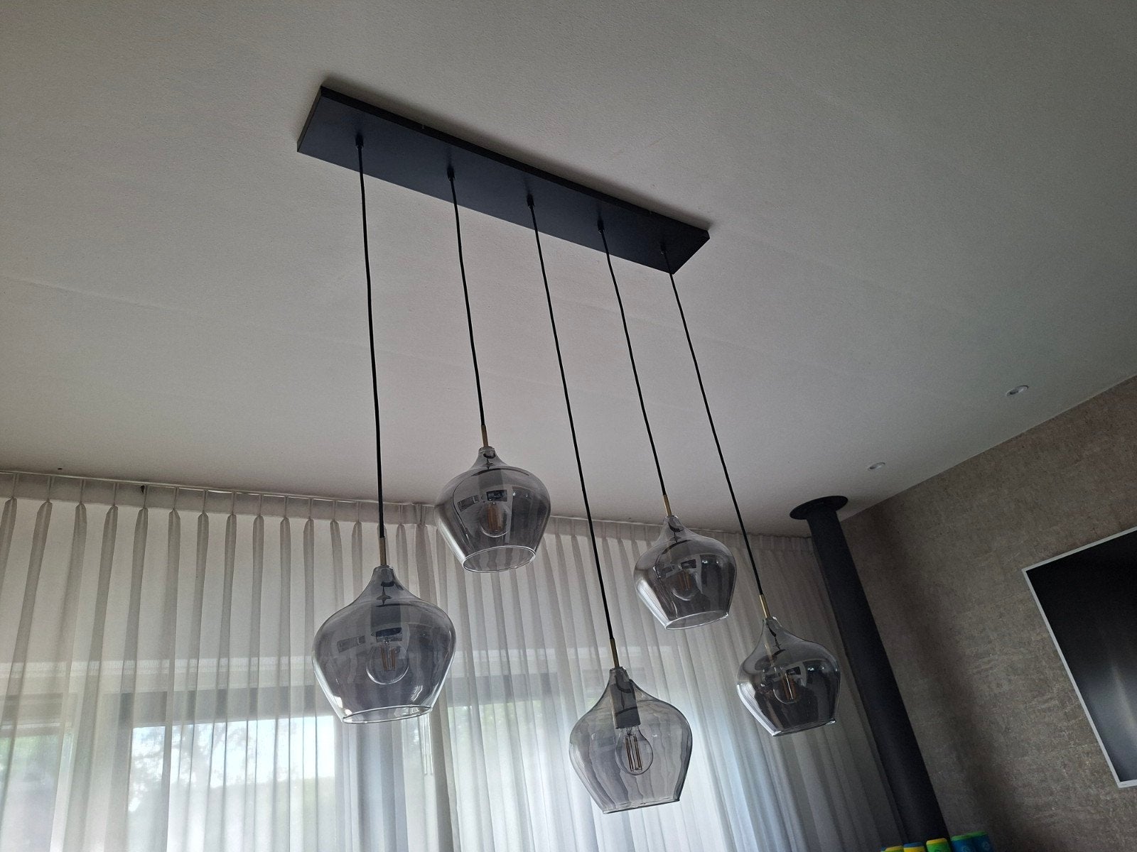 Moderne hanglamp met 5 glazen kappen - smoked glas, E27 (groot), Zo goed als nieuw, Glas, Modern, Eigentijds