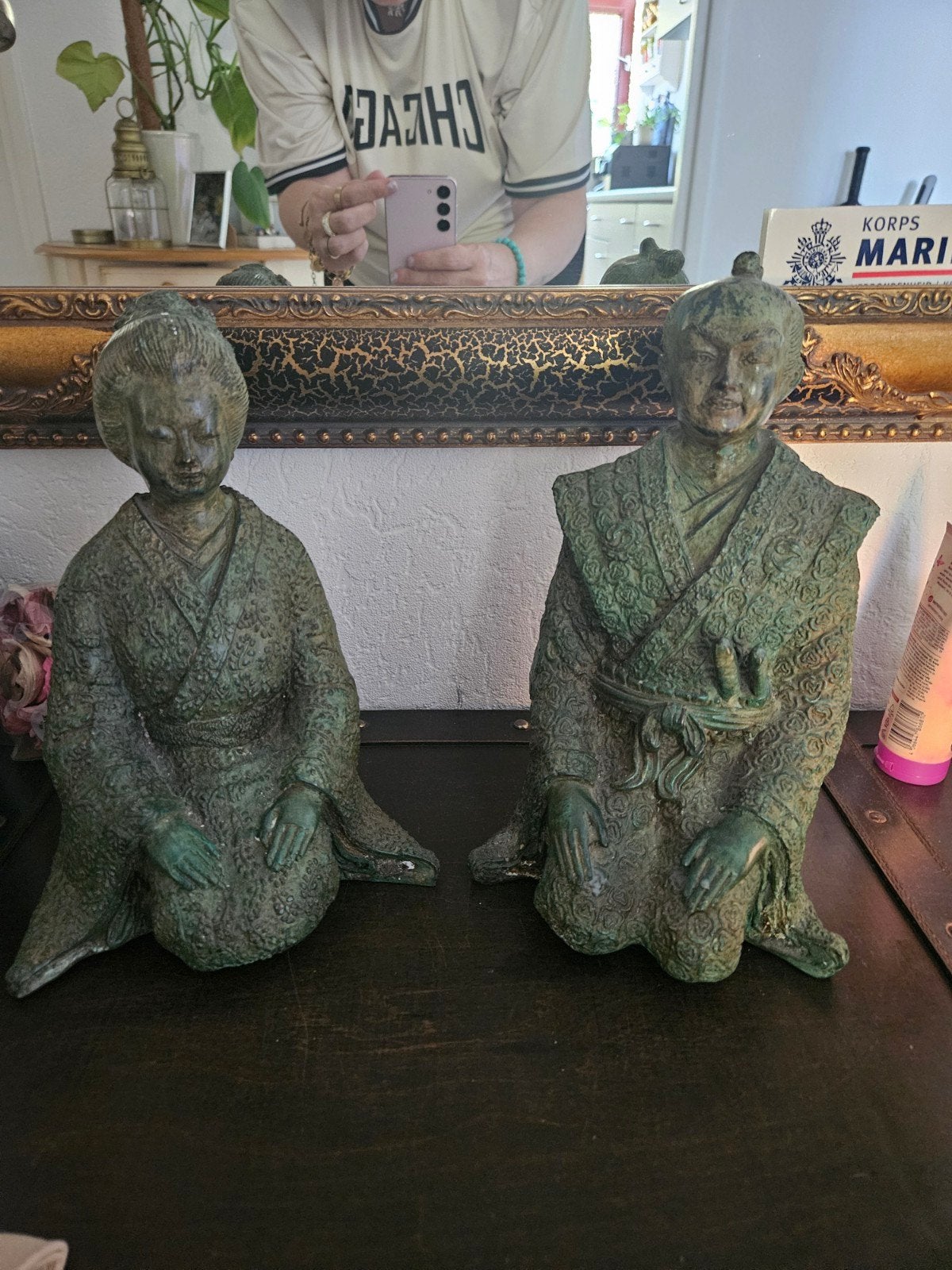 Set van 2 Japanse beelden: Man en Vrouw in Kimono, Ophalen of Verzenden, Gepatineerd, 20 - 50 cm, Beeld