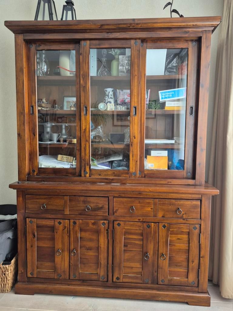 Massief houten buffetkast/vitrinekast, Huis en Inrichting, Kasten | Buffetkasten, 200 cm of meer, 150 tot 200 cm, Ophalen of Verzenden