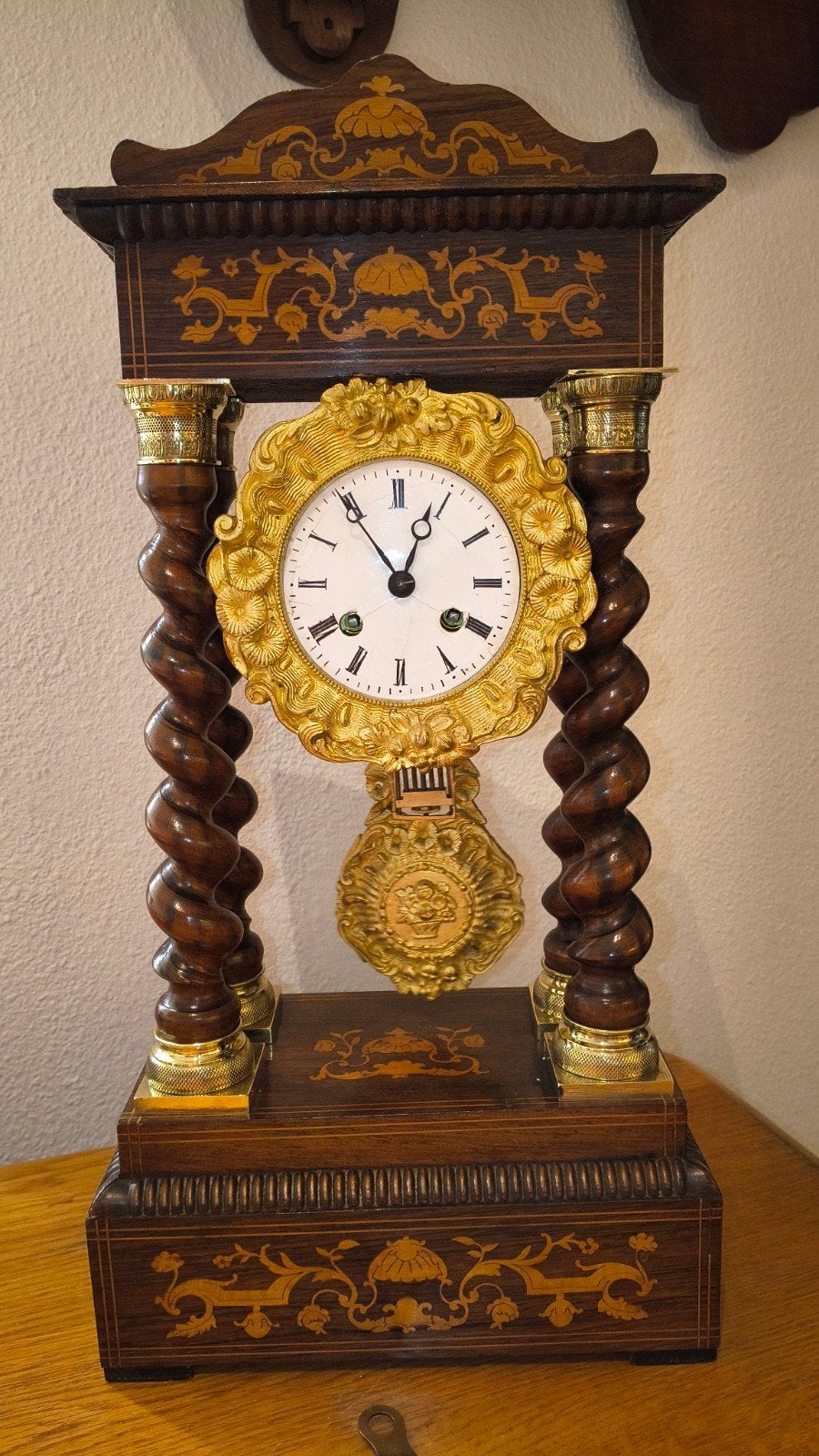 Antieke Franse Kolom Pendule met Intarsia Werk, ca. 1880, Ophalen of Verzenden