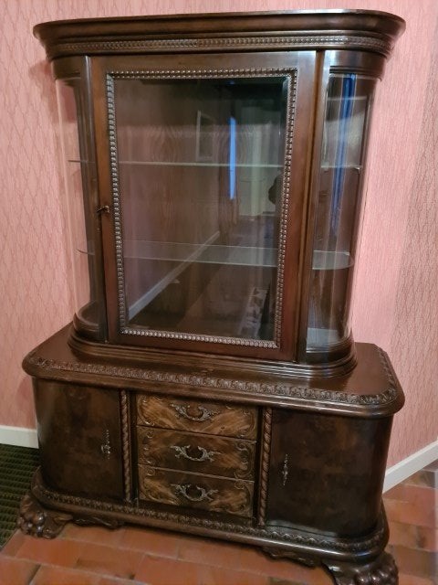 Kast antiek notenhout met geslepen glas, Antiek en Kunst, Ophalen
