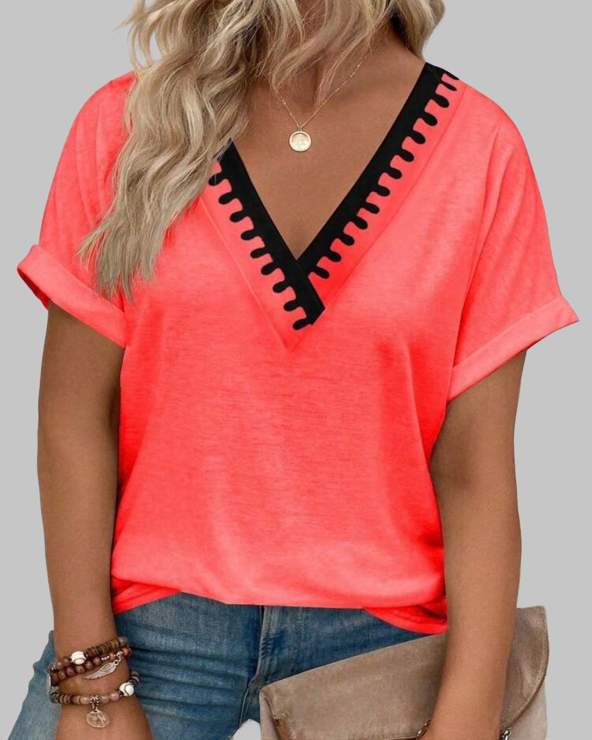 Neon Koraalrood T-shirt met Zwarte Rand (44-52), Kleding | Dames, Grote Maten, Verzenden, Nieuw, Overige kleuren, Shirt of Top