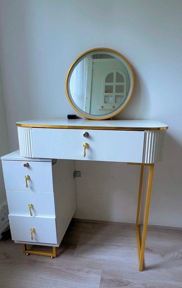 Luxe kaptafel met LED-spiegel en marmerlook, Overige materialen, Gebruikt, Minder dan 100 cm, 50 tot 100 cm