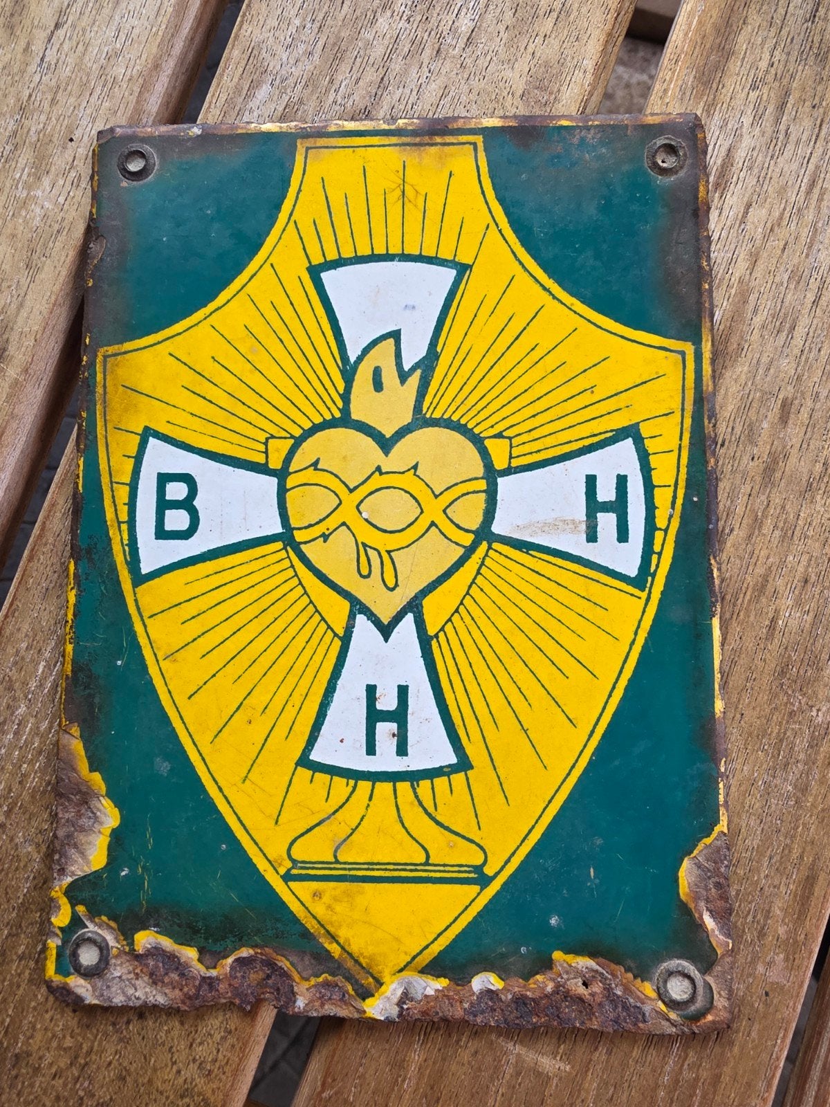 Oud religieus emaille bord - Heilig Hart, Antiek en Kunst, Ophalen of Verzenden
