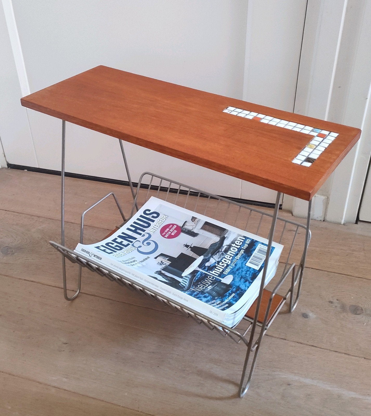 Vintage lectuurbak bijzettafeltje mozaïek teak tafeltje, Ophalen of Verzenden