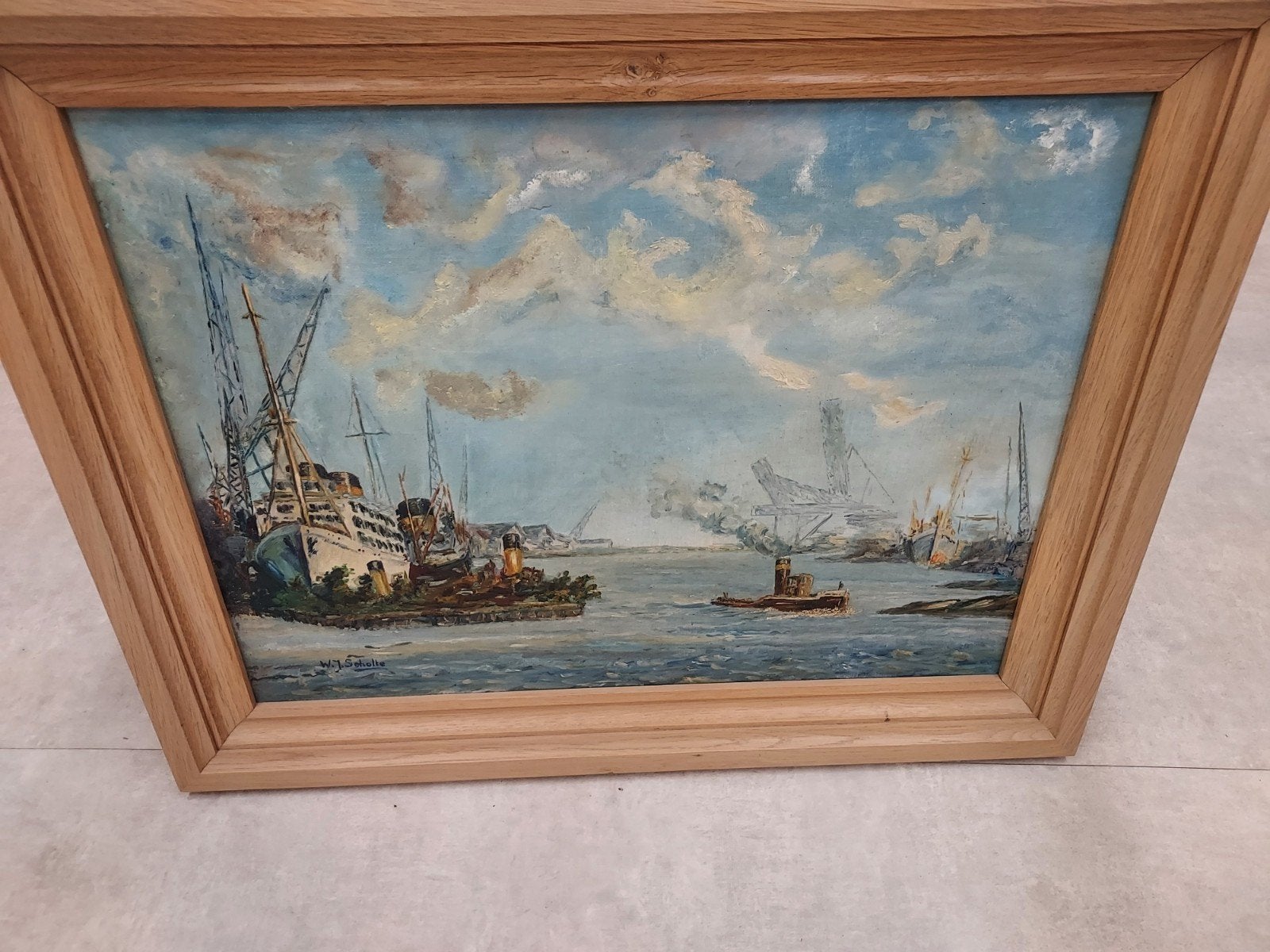Maritiem tafereel havengezicht met schepen., Antiek en Kunst, Kunst | Schilderijen | Klassiek, Ophalen, Klassiek, Maritiem / water
