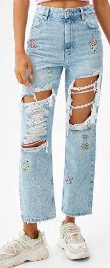 Bershka mom jeans spijkerbroek 40 distressed broek blauw top, Verzenden, Zo goed als nieuw, Blauw, W30 - W32 (confectie 38/40)