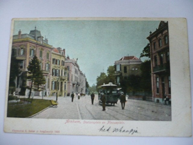 arnhem stationsplein en nieuweplein met paardetram gel. 1903, Verzenden, Voor 1920, Gelopen, Gelderland
