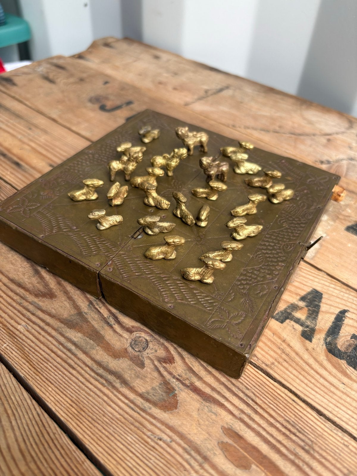 Vintage Messing Reis Schaakspel met Dierenstukken, Antiek en Kunst, Ophalen of Verzenden