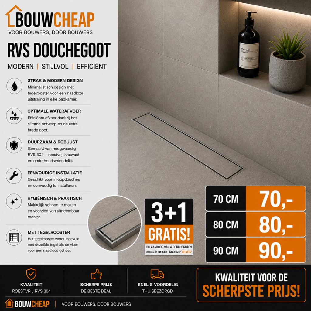 RVS Douchegoot met tegelrooster 70-80-90cm, Ophalen, Nieuw, Rvs, Douche