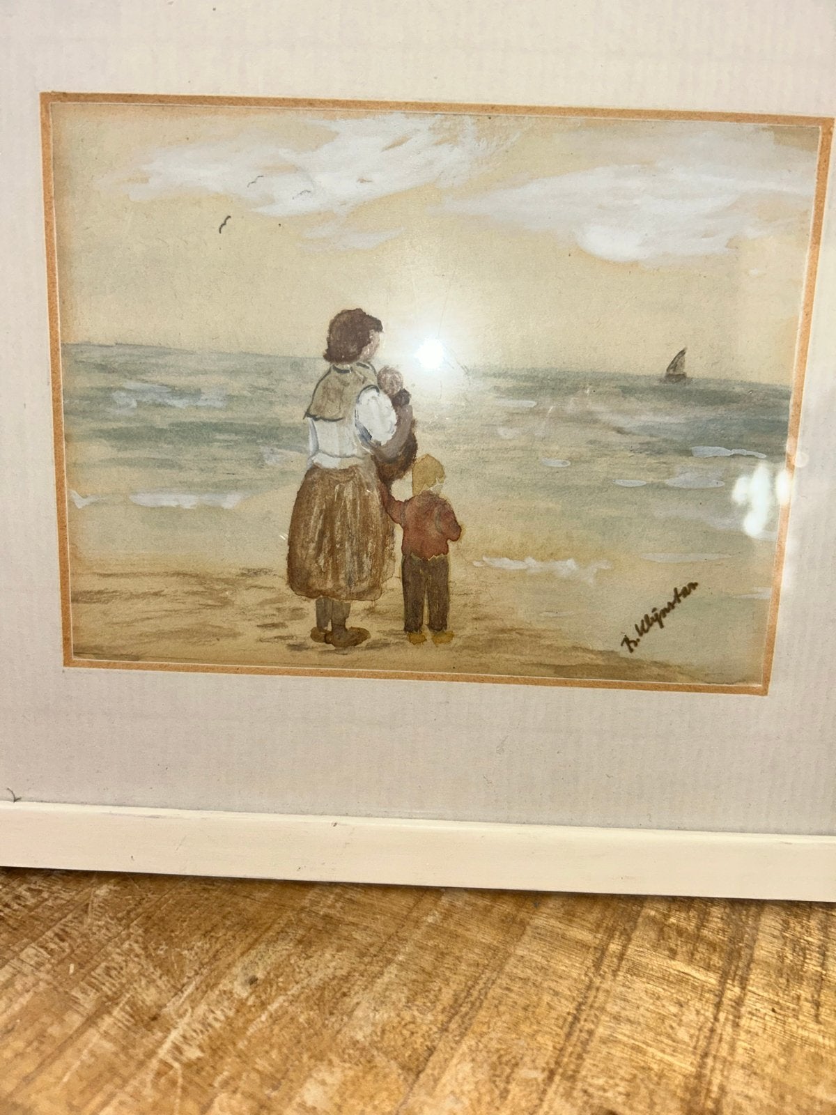 Schilderij: Moeder en kind aan zee, Maritiem / water, Realistisch, Ophalen of Verzenden, Gesigneerd