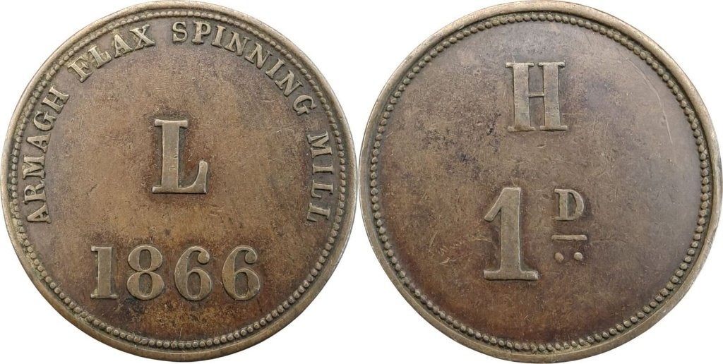 Penny token 1866, Ierland, Armagh Flax Spinning Mill, Postzegels en Munten, Ophalen of Verzenden, Overige landen, Losse munt