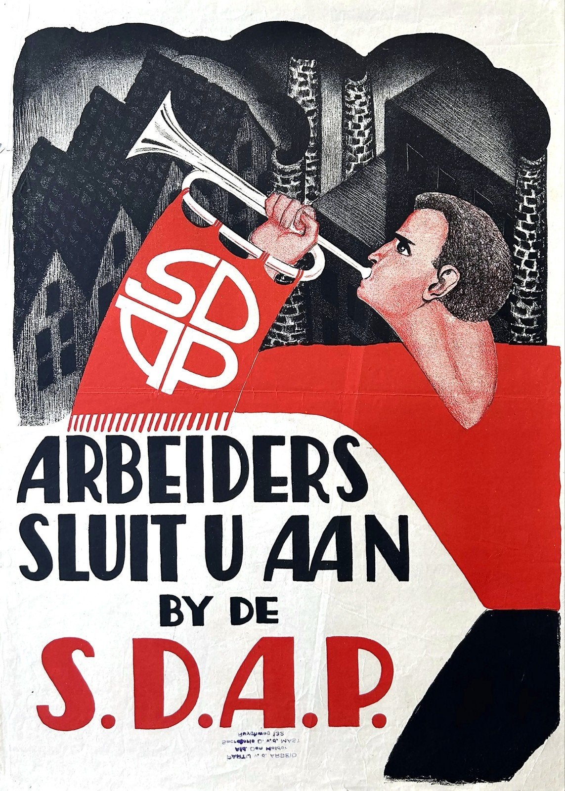 Vintage SDAP Poster: Arbeiders Sluit U Aan, Verzamelen, Posters, Gebruikt, A1 t/m A3, Ophalen of Verzenden
