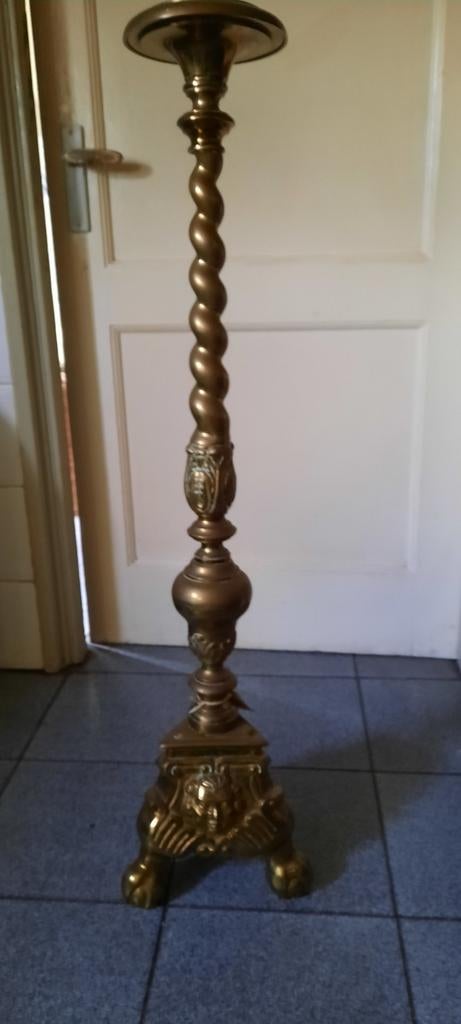 Antieke bronzen kandelaar, gedraaide zuil, 60 cm hoog, Antiek en Kunst, Ophalen, Koper of Brons