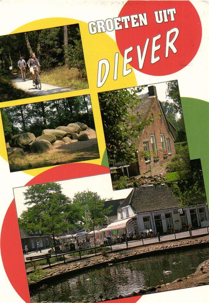 Groeten uit Diever - 4 afb o.a. hunebed - 1993? gelopen, Verzamelen, Ansichtkaarten | Nederland, Ophalen of Verzenden, Voor 1920