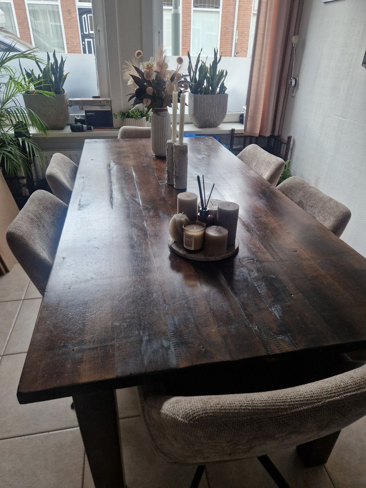 Robuuste houten eettafel 210 lang 95 breed, Ophalen, Gebruikt, 200 cm of meer, 50 tot 100 cm
