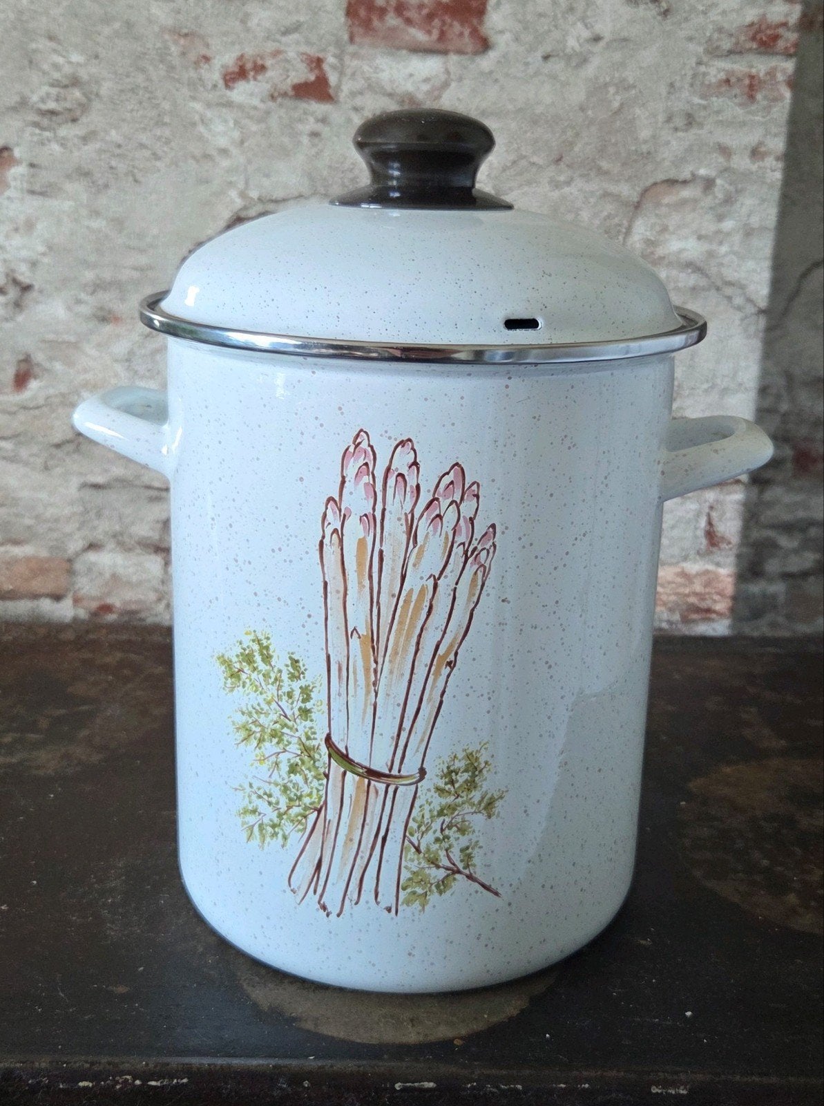 Vintage emaille aspergepan met deksel - Wit met aspergedecor, Ophalen of Verzenden