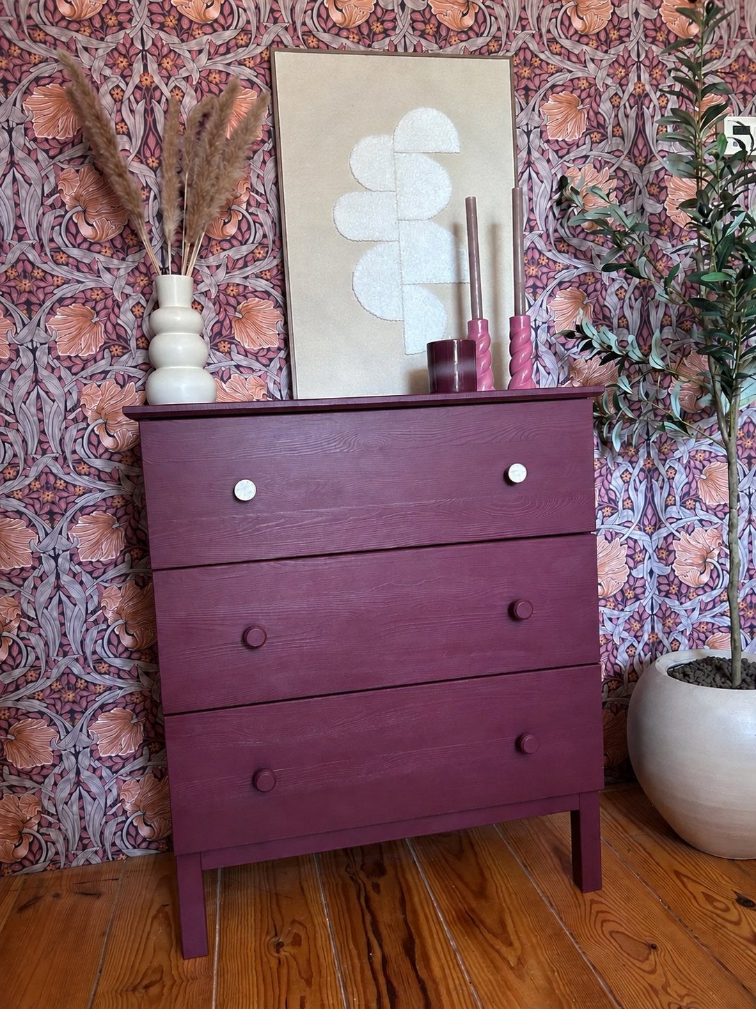 Aubergine Ladekast met Gouden Knoppen - Trendy Kleur!, Ophalen, Gebruikt, 50 tot 100 cm, 3 of 4 laden