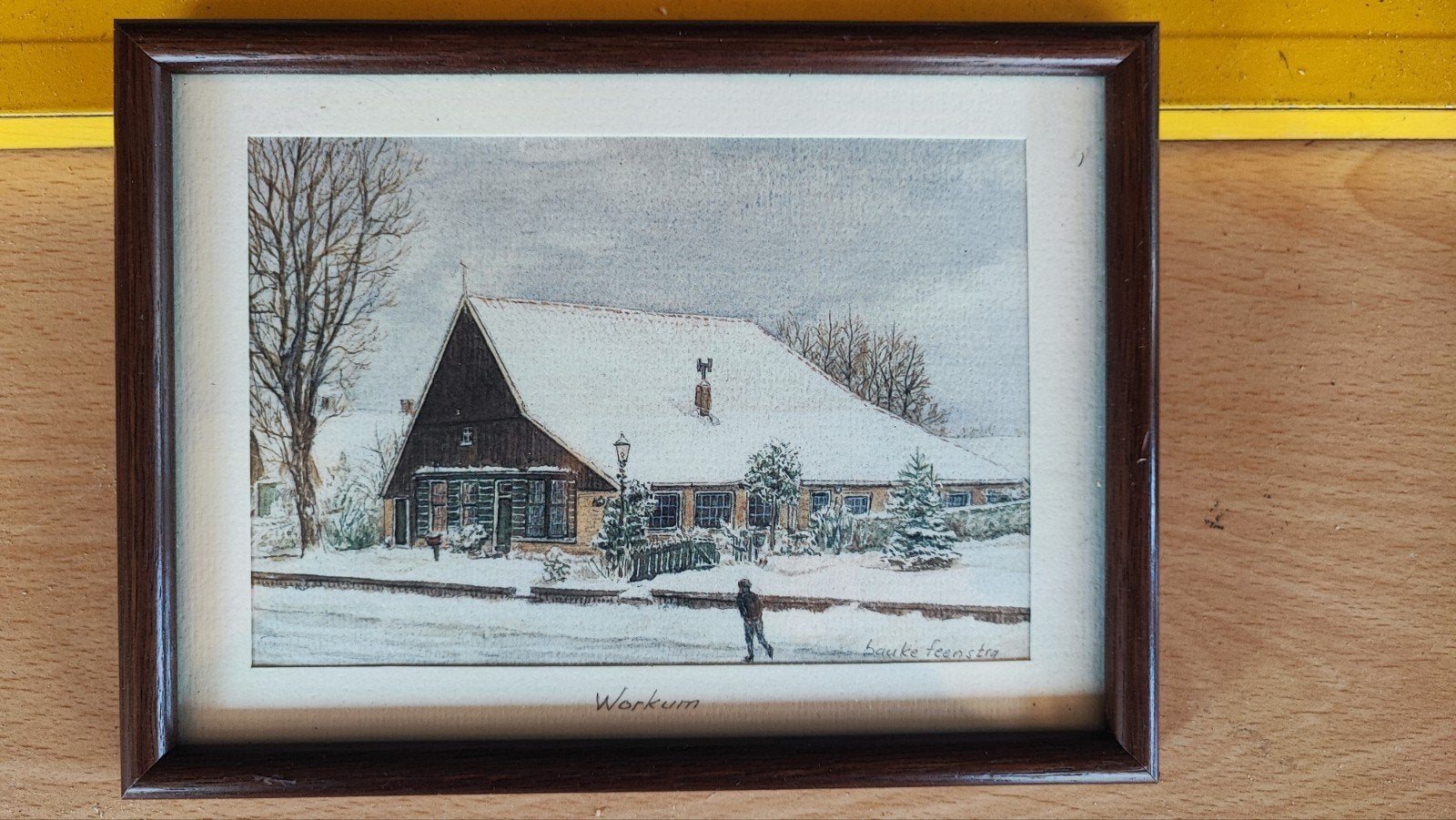 Schilderij Workum - Winterlandschap met huis, Antiek en Kunst, Realistisch, Aquarel, Ingelijst, Ophalen of Verzenden