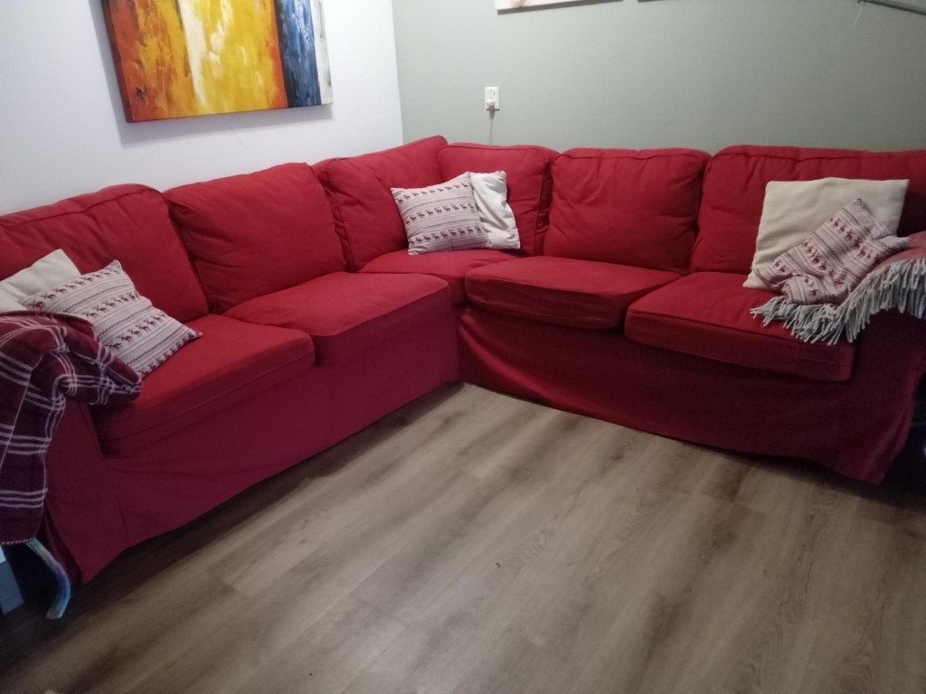 IKEA EKTORP hoekbank 4-zits – rode hoezen, Ophalen, Hout, Gebruikt, Hoekbank