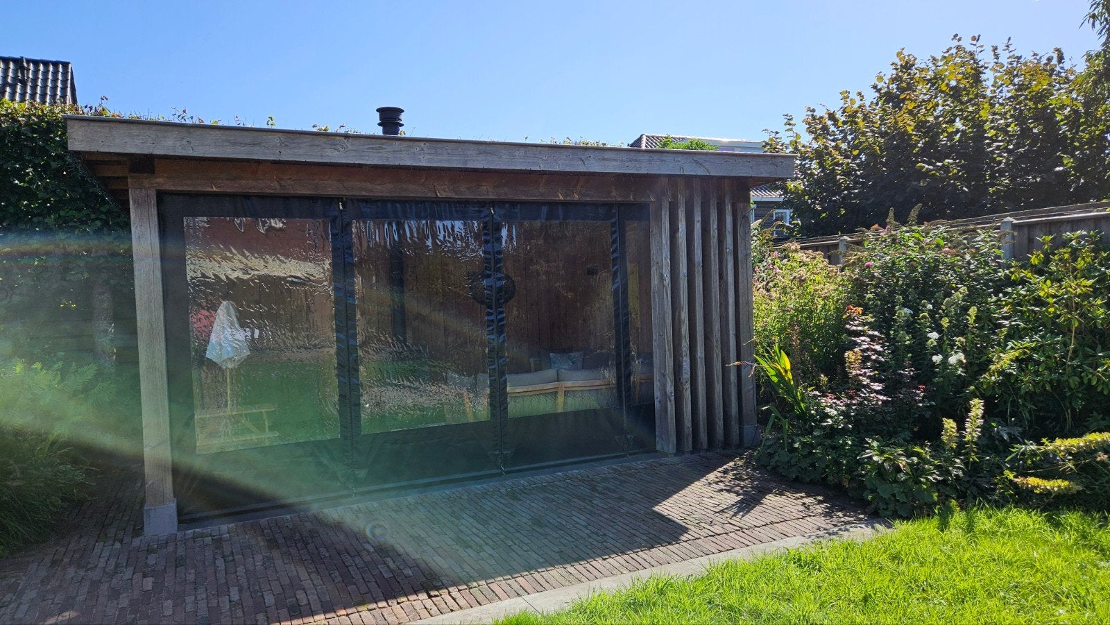 Transparant oprolbaar windscherm/zeil voor overkapping, Tuin en Terras, Ophalen