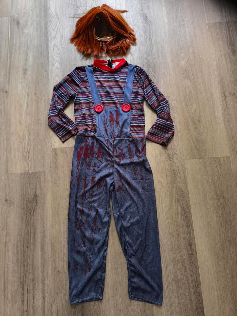 Chucky Carnavalspak Maat 146/152 + Pruik, Kinderen en Baby's, Carnavalskleding en Verkleedspullen, Ophalen of Verzenden, Zo goed als nieuw