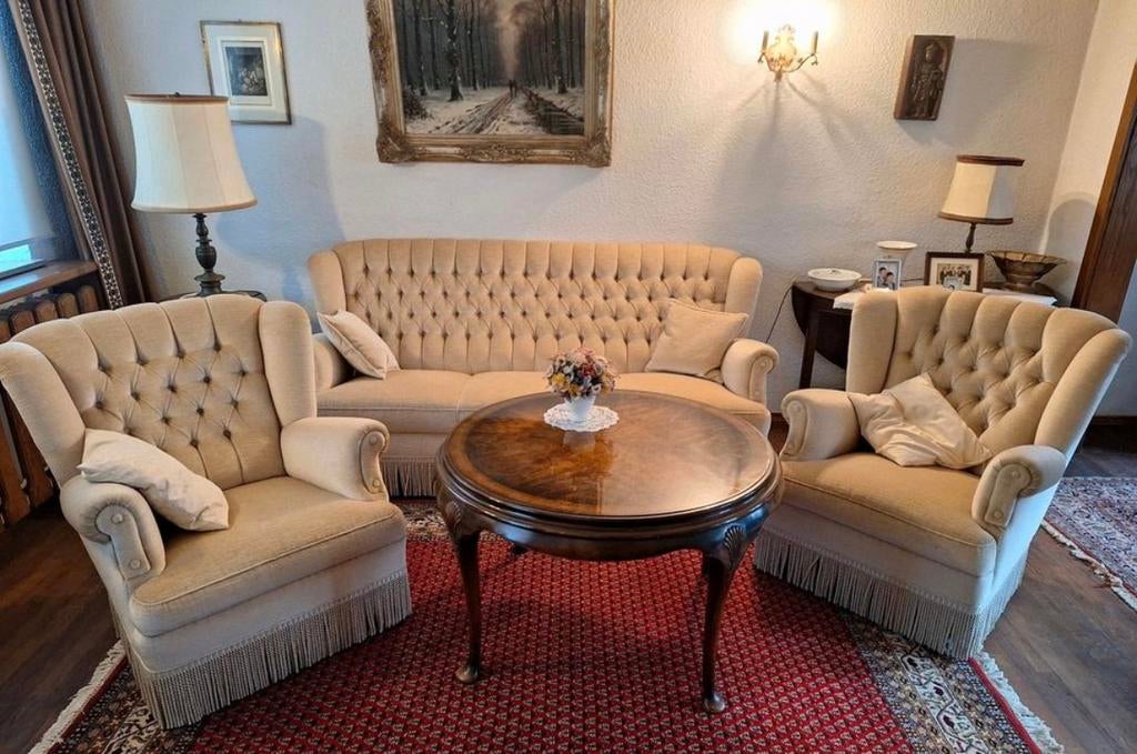 Vintage bankstel bank fauteuils mohair velours franjes barok, Antiek en Kunst, Antiek | Meubels | Stoelen en Banken, Ophalen