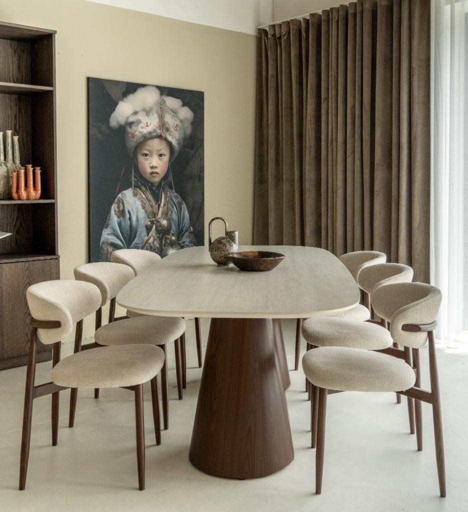 Japandi HPL tafel 210/240cm travertin look kolompoot, Huis en Inrichting, Tafels | Eettafels, Ophalen, Japandi, 50 tot 100 cm