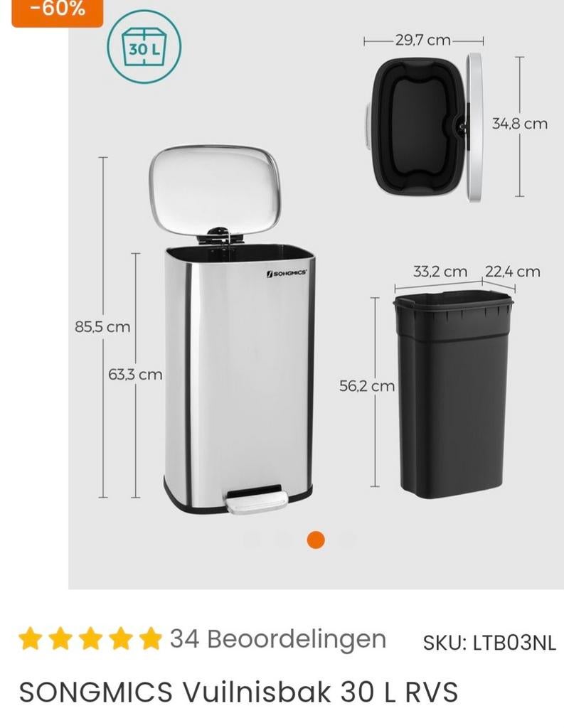 Songmics Afvalemmer met Pedaal -  Nieuw, Ophalen, Met pedaal, 50 tot 75 cm, Nieuw