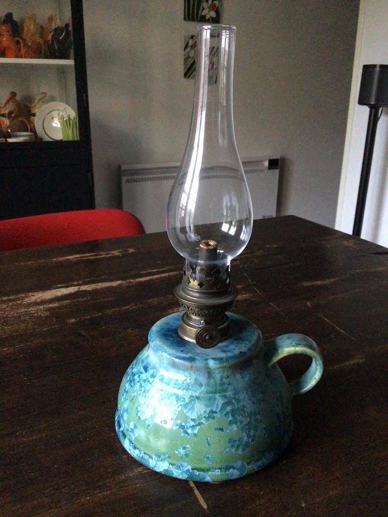 Olielamp keramiek groen blauw turquoise bijzonder glazuur, Antiek en Kunst, Antiek | Lampen, Ophalen of Verzenden