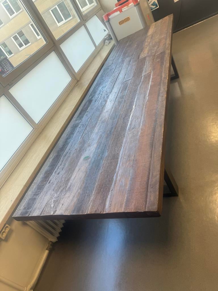 Houten Eettafel met Metalen Onderstel, Gebruikt, 100 tot 150 cm, Eikenhout, 200 cm of meer