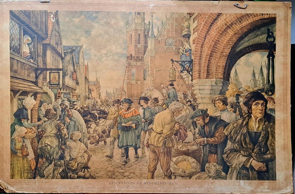 Antieke schoolplaat. Stad in de middeleeuwen, Ophalen of Verzenden, Geschiedenis