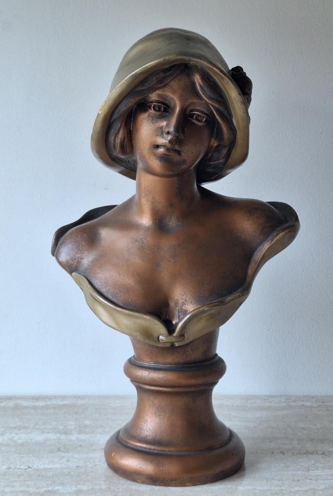 Art Nouveau buste gepatineerd gips, Antiek en Kunst, Curiosa en Brocante, Ophalen