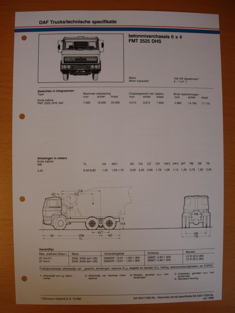 DAF FMT 2500 DHS Technische Specificatie Folder 1986 – 6x4, Ophalen of Verzenden, Zo goed als nieuw, Overige merken, DAF