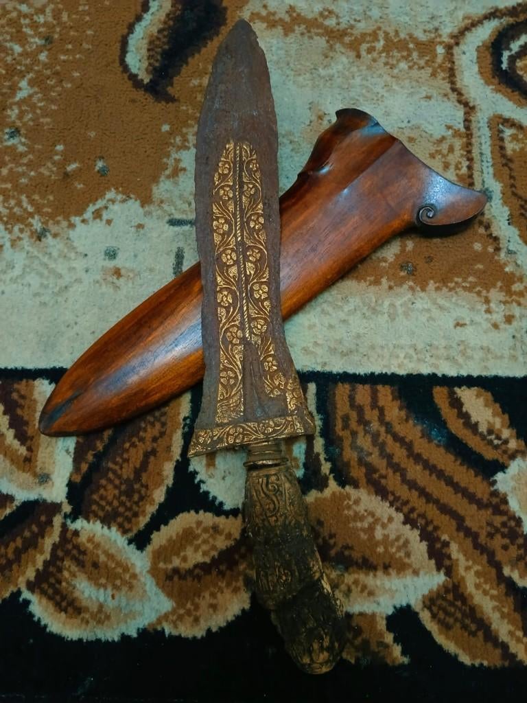 Antieke Kris Bethok Makoro Pamor Keleng Kinatah Goud SVC77, Antiek en Kunst, Ophalen of Verzenden