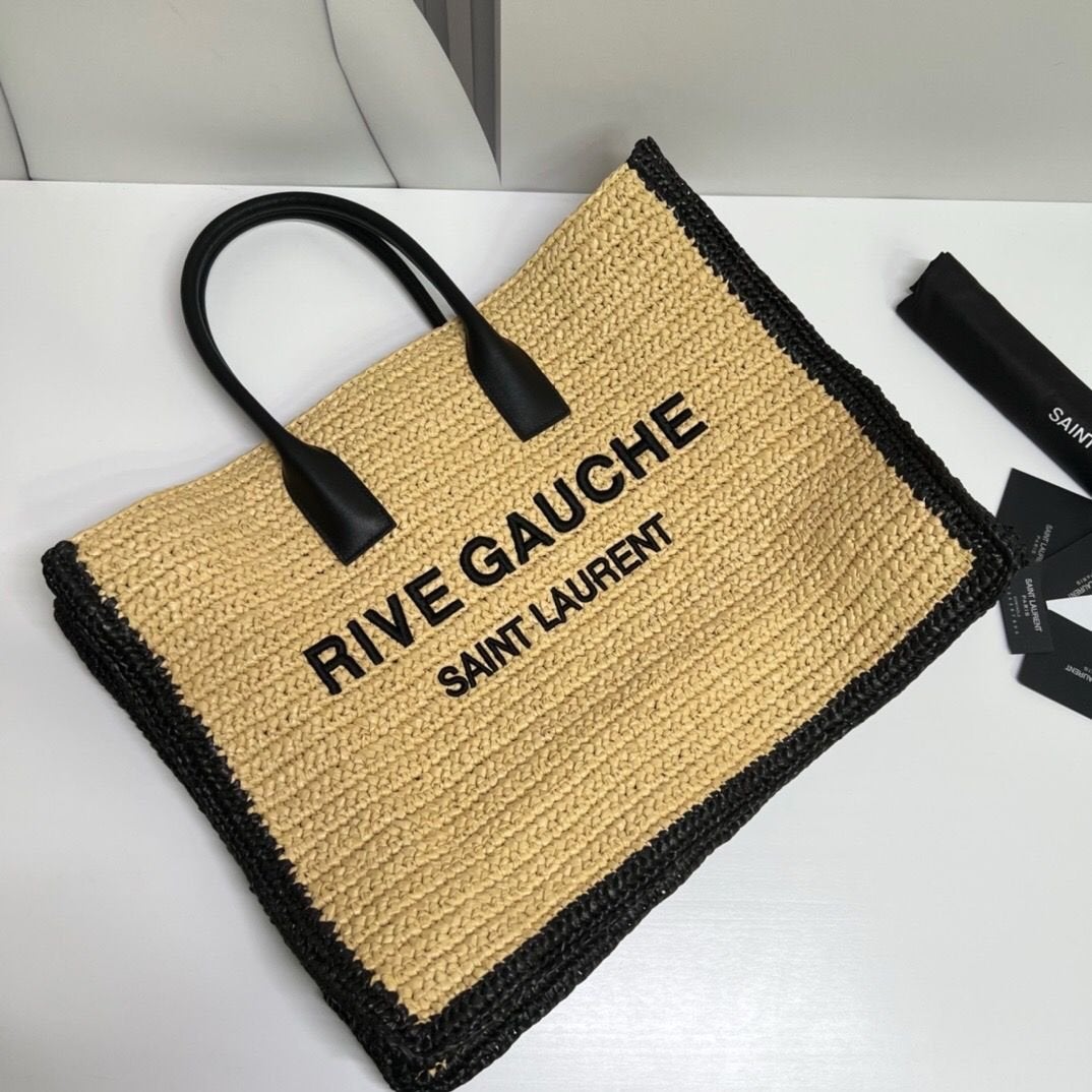 Yves Saint Laurent Rive Gauche Raffia Strandtas, Ophalen of Verzenden, Zo goed als nieuw, Beige, Shopper