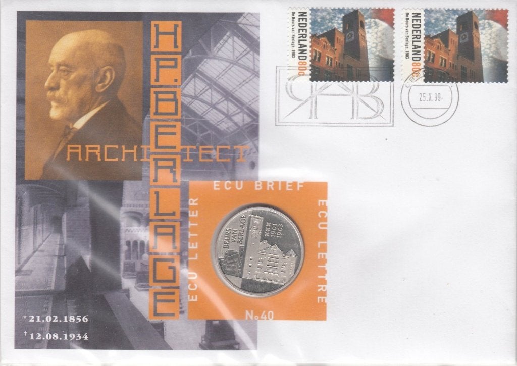 Nederland ECU brief No. 40 Beurs van Berlage 1999 + penning, Postzegels en Munten, Penningen en Medailles, Ophalen of Verzenden