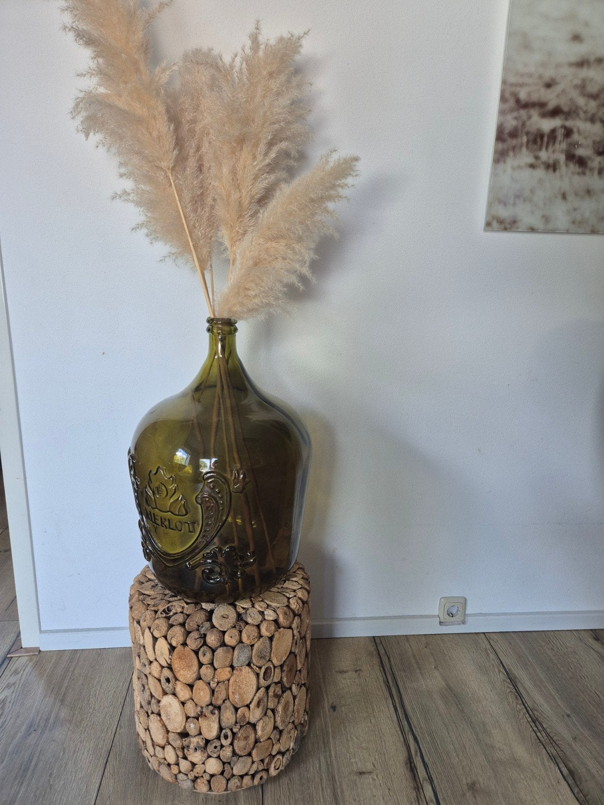 Decoratieve vaas/wijnkaraaf en houten kruk/plantenstandaard, Huis en Inrichting, Woonaccessoires | Vazen, Ophalen, Geschikt voor droogbloemen