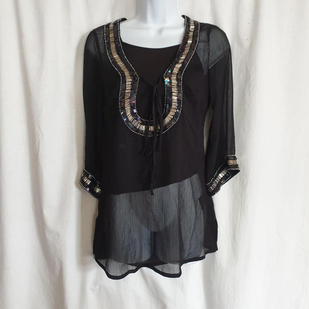 Gaaf zwart doorschijnend shirt kralen, pailettes mt S CLCT, ., Zwart, Ophalen of Verzenden, Zo goed als nieuw
