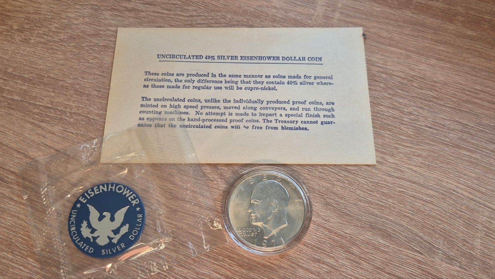 Silver Eisenhower Dollar 1971-S + Kaartje & Pokerchip. USA., Verzenden, Noord-Amerika, Losse munt, Zilver