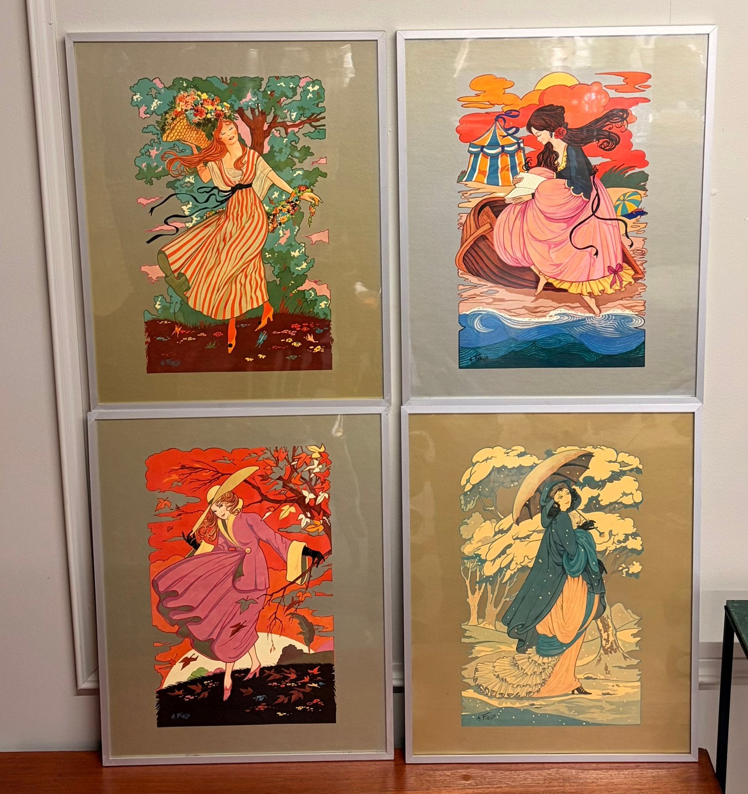 Set 4 ingelijste Art Nouveau Jugendstil prints jaargetijden, Antiek en Kunst, Ingelijst, Ophalen of Verzenden, Portret en Figuren